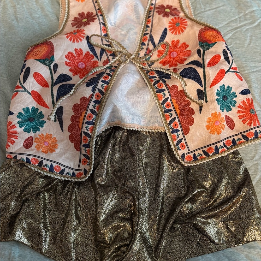 Floral Embroidered Vest with Gold Shorts